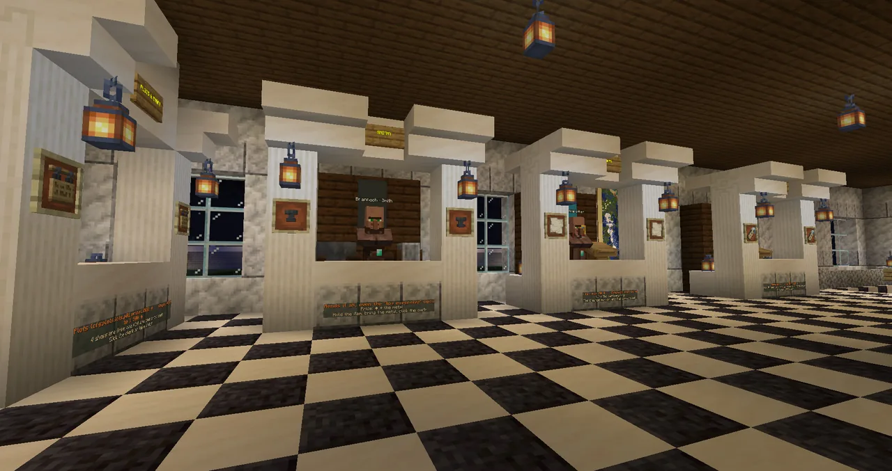 Inside the town hall: counters with their clerks on both sides of the big wall map.