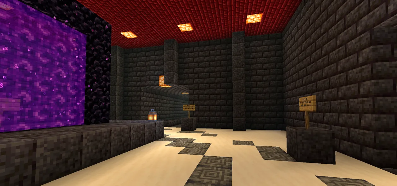 The Nether hub: a closed, lit hall where the four roads start.