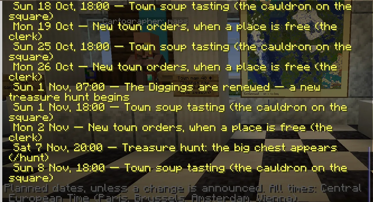 The /calendar screen in game: Sunday soup tastings, new town orders, the Diggings renewed and the treasure hunt.