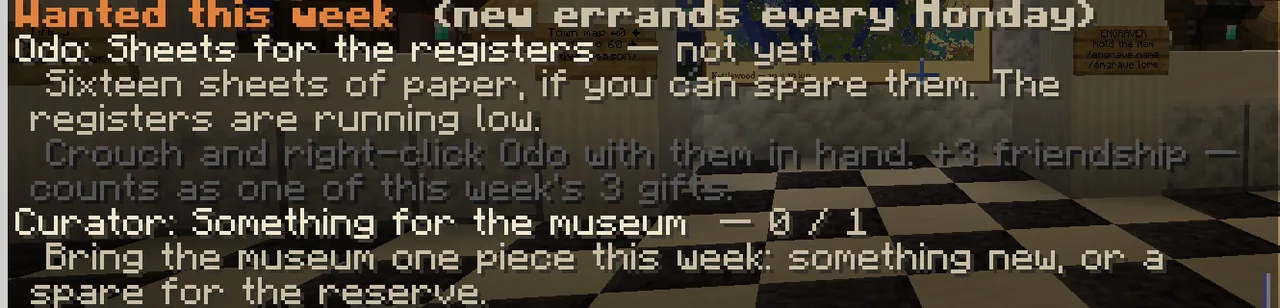 The /quests screen in game: this week's errands for Odo the clerk and for the museum curator.