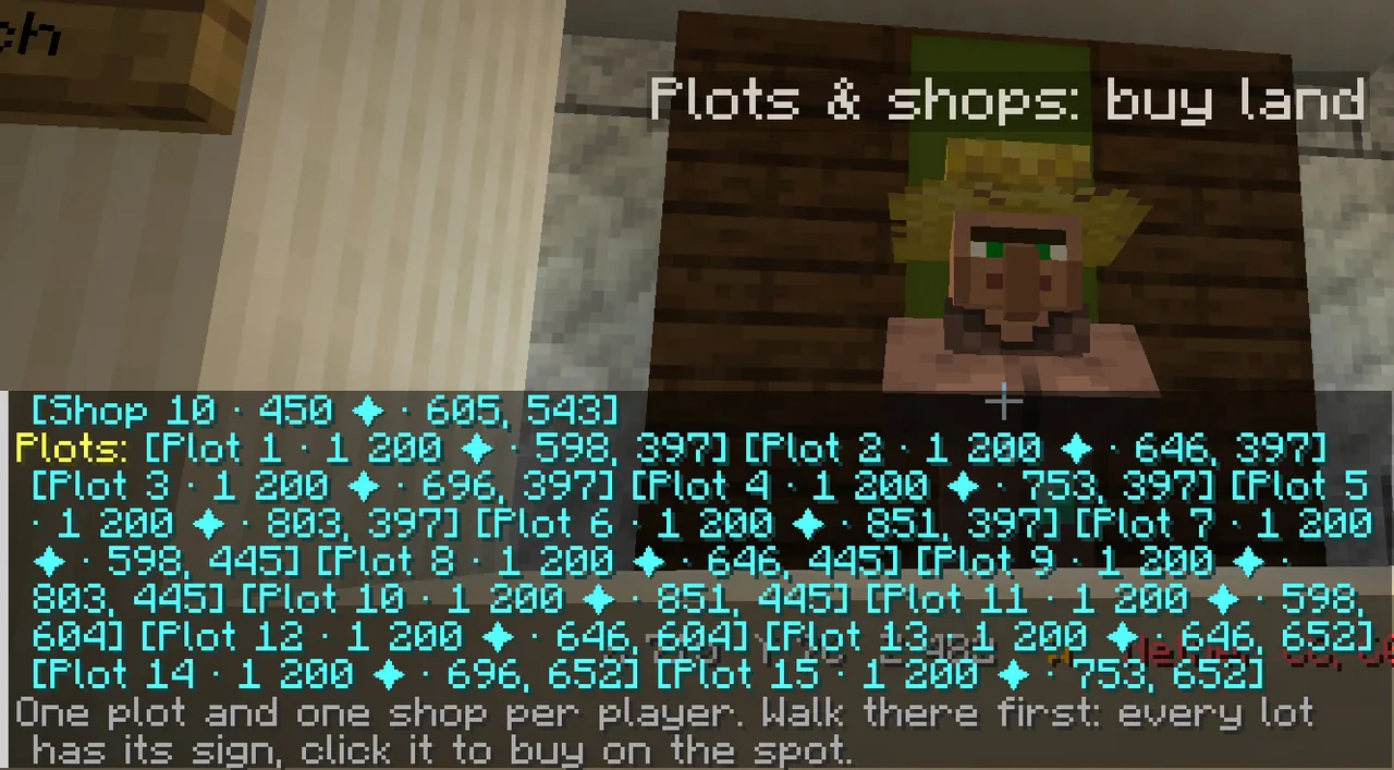 Plots and shops for sale (/plot); every lot also has its own sign, click it to buy.